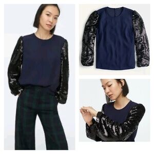 J. Crew Royal Blue High Neck Oversized Black Sequin Bubble Hem Sleeves NEW Med